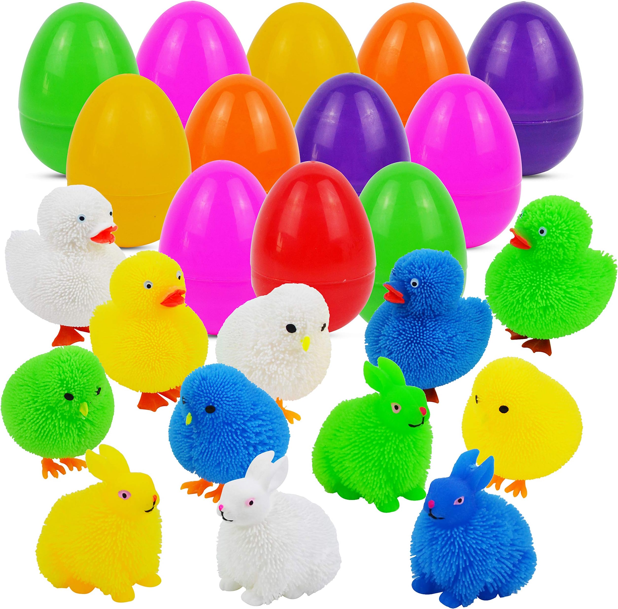 JOYIN 12 Packs Easter Eggs Filled With Rabbit Chick Duck Puffer Stress Relief Sensory Toy for Easter Kids Party Favors, Easter Eggs Hunt, Easter Basket Stuffers Fillers, Classroom Prize Supplies
