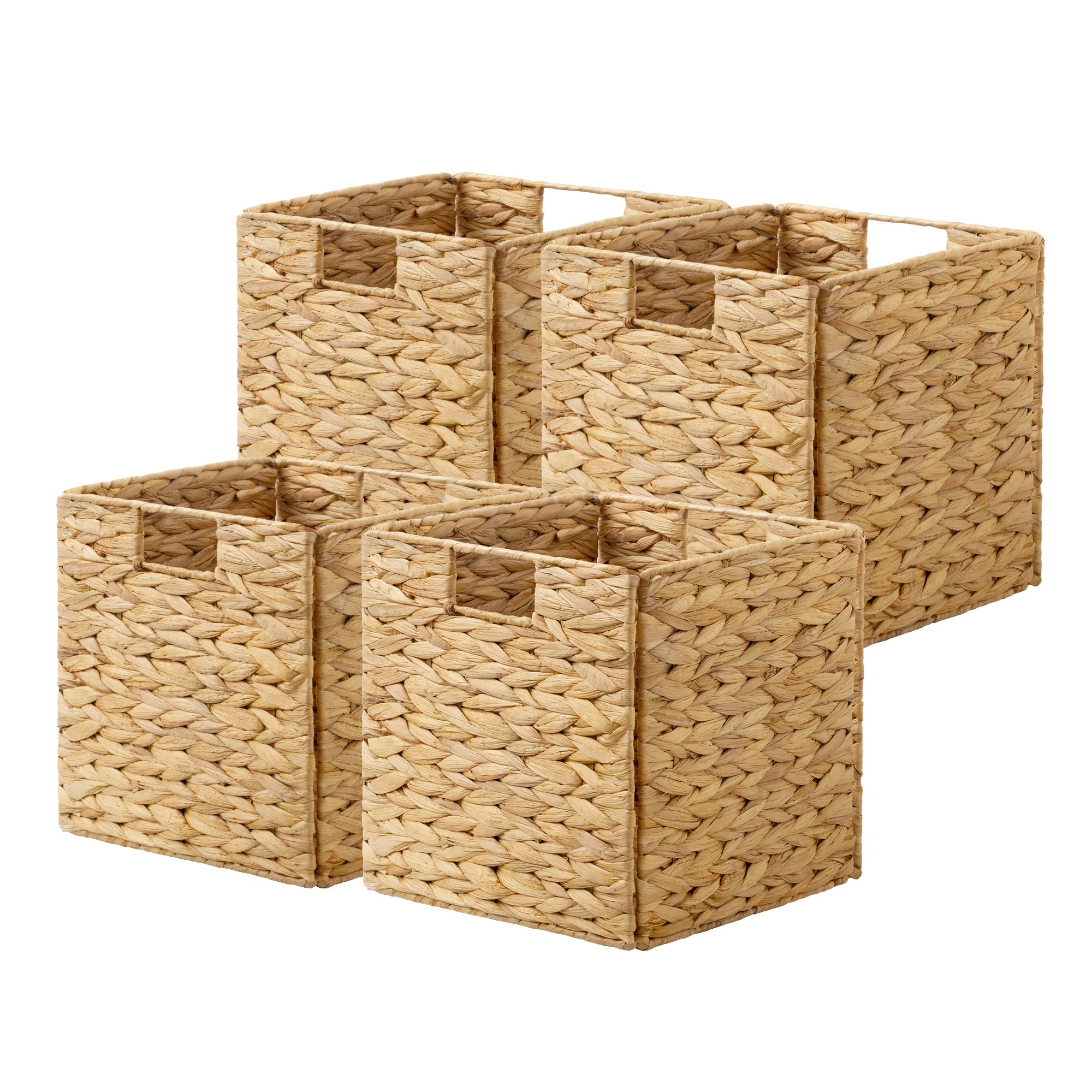 StorageWorks Foldable Wicker Baskets, Water Hyacinth Storage Basket with Built-in Handles, Wicker Storage Basket for Living Room, Pantry, 10.5 x 10.5 x 10.5 inch Image