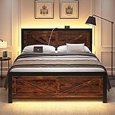 DOGIBIXO Led Bed Frame Queen Size with USB Charging Station, Industrial Platform Bed Frame with Farmhouse Barn Door Headboard, Strong Metal Slats Support, Noise Free, No Box Spring Needed, Brown
