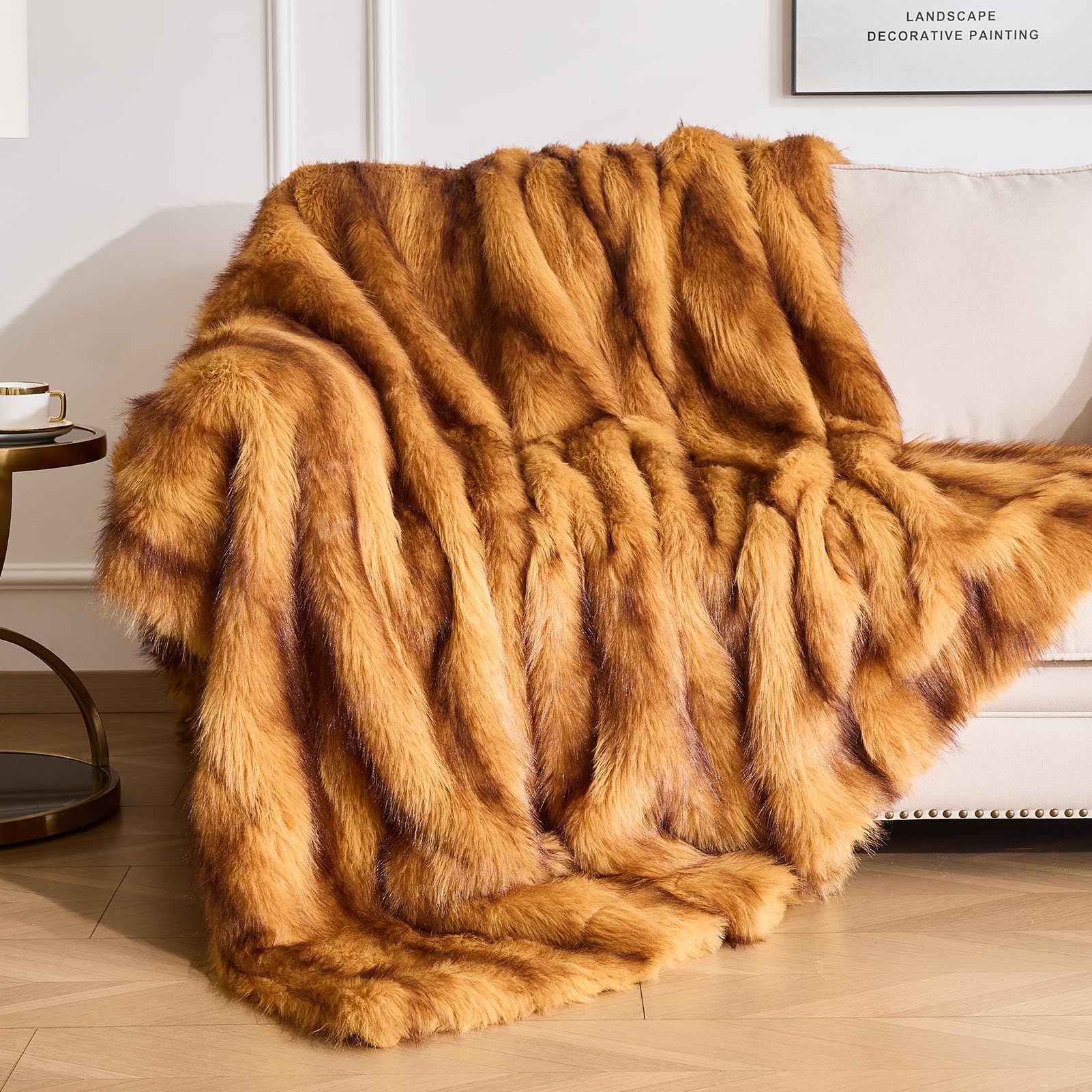 Photo 1 of OMERAI Faux Fur Blanket, 50" x 60" Ultra Soft Luxury Fuzzy Throw Blanket, Long Pile Plush Cozy Warm Decorative Blanket for Couch, Sofa, Chair, Bed, Heavy Weight, Golden Amber Fox