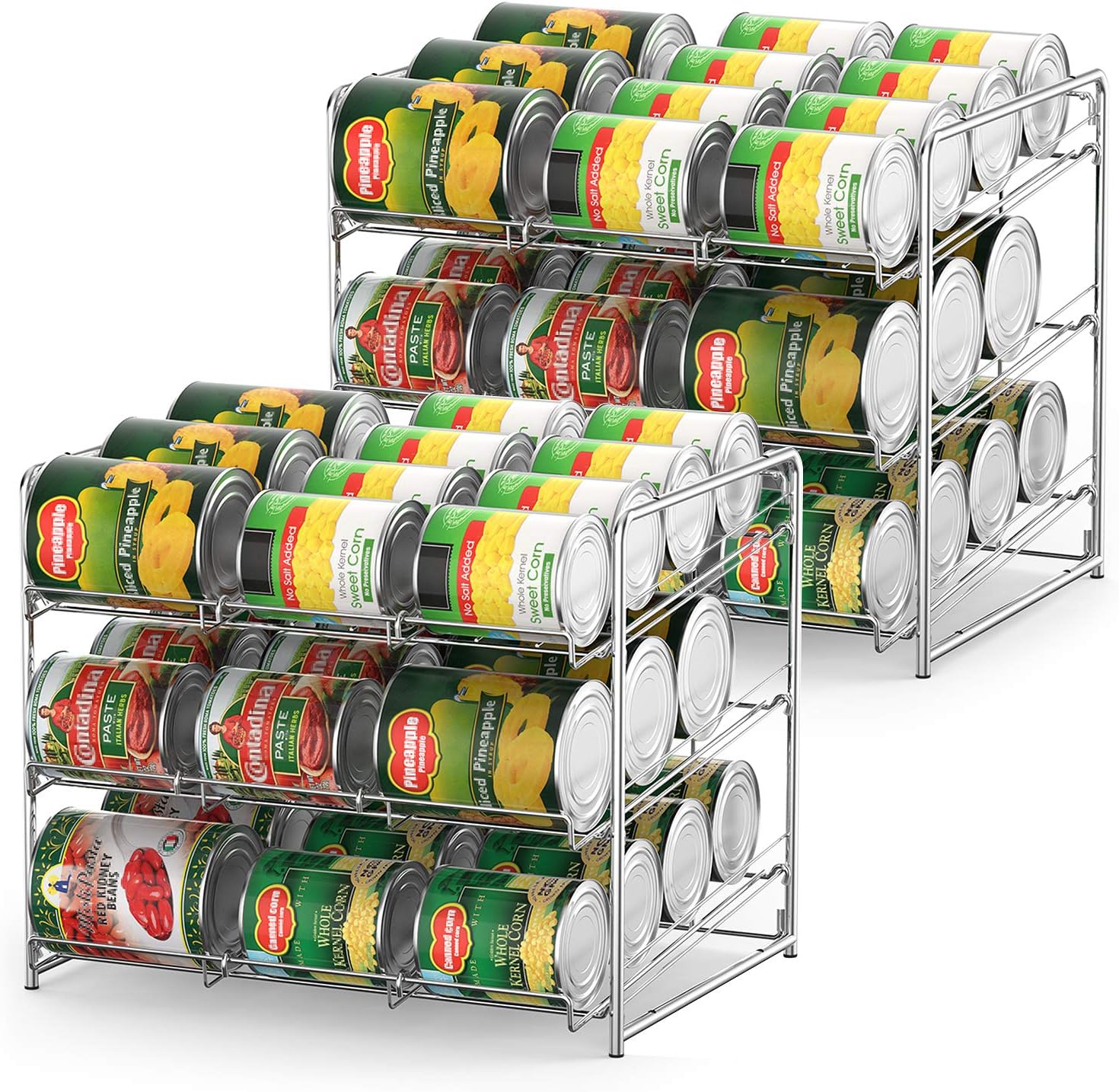 Can Organizer Stackable 2 Pack Can Storage Dispenser Rack 3 Tier Holds up 36 Cans Rotates First in First Out for Kitchen Cabinet or Pantry, Chrome Finish