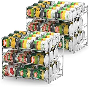Can Organizer Stackable 2 Pack Can Storage Dispenser Rack 3 Tier Holds up 36 Cans Rotates First in First Out for Kitchen Cabinet or Pantry, Chrome Finish