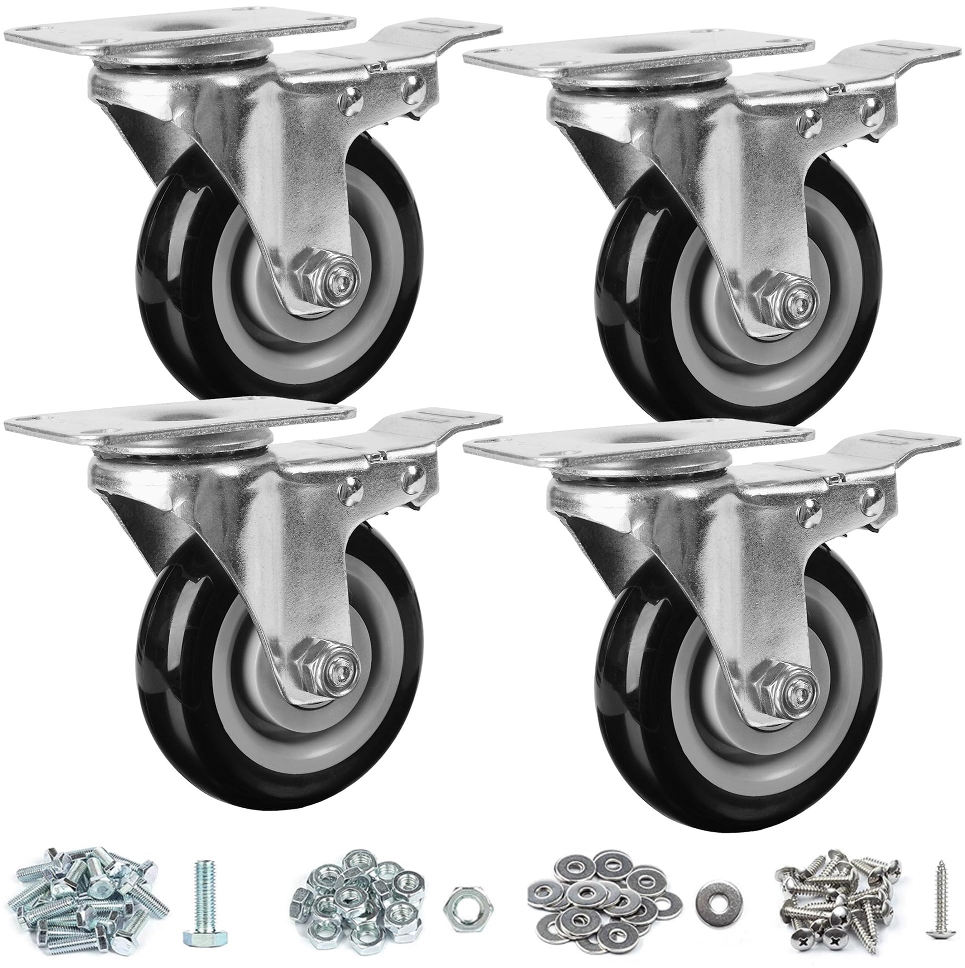Finnhomy 4” Caster Wheels Set of 4 with Brake Heavy Duty Plate Swivel ...