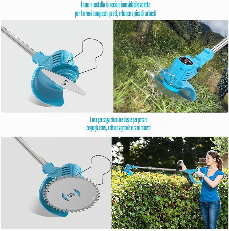 Decespugliatore a Batteria 21V, Tagliabordi a Batteria con 2 Batterie 2,0Ah, 2 Tipi di Lame in Metallo Tagliaerba Elettrico, Forbici Potatura, Angolazione Regolabili per Giardino Potatura (Blu)