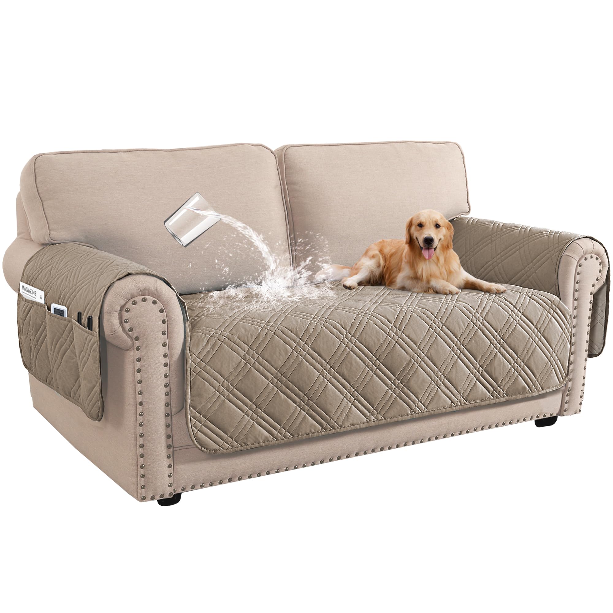 BellaHills 100% Waterproof Sofa Covers 2 Seater Sofa Cover for Living Room Washable Seat Covers with Side Pocket Furniture Protector from Pets (2 Seater, Taupe)