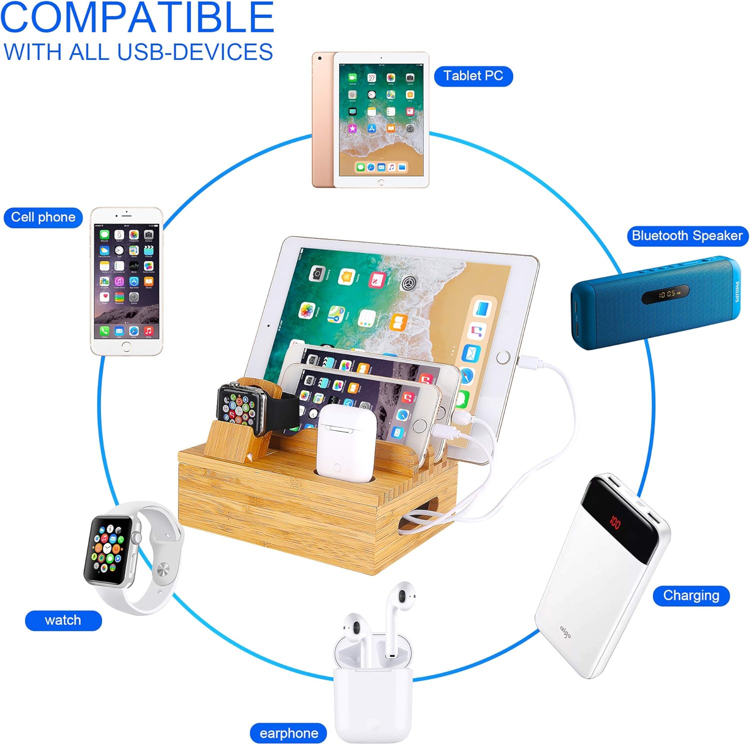 Bamboo Wood Cell Phone Charging Stand Compatible iPhone 12 11 Pro Max XS XR X 8 7 6 6S Plus iPad 3 4 Mini Air Pro Apple Watch 2 3 4 iWatch 38 42mm AirPods Samsung Smartphones - Image 4