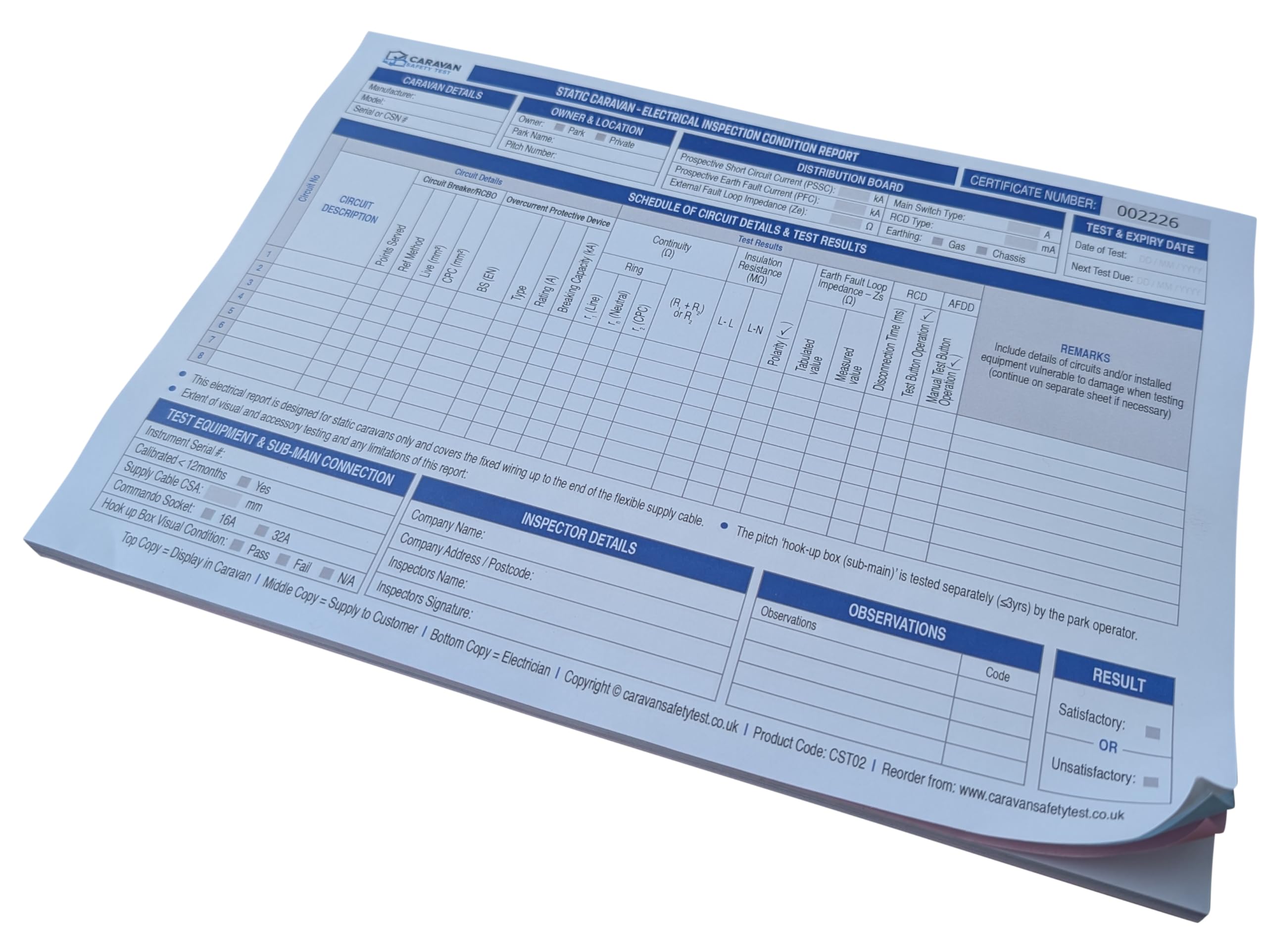 Static Caravan – Electrical Inspection Certificate Forms