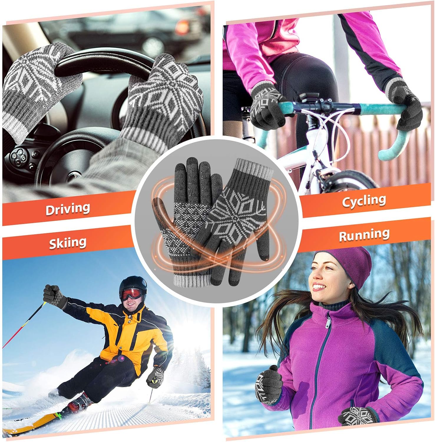 Pvendor Winter Gloves Touch Screen Warm Knit Gloves, Soft Wool Lining Elastic Cuff, Anti-Slip Rubber Design Warm Gloves for Men Women : Clothing