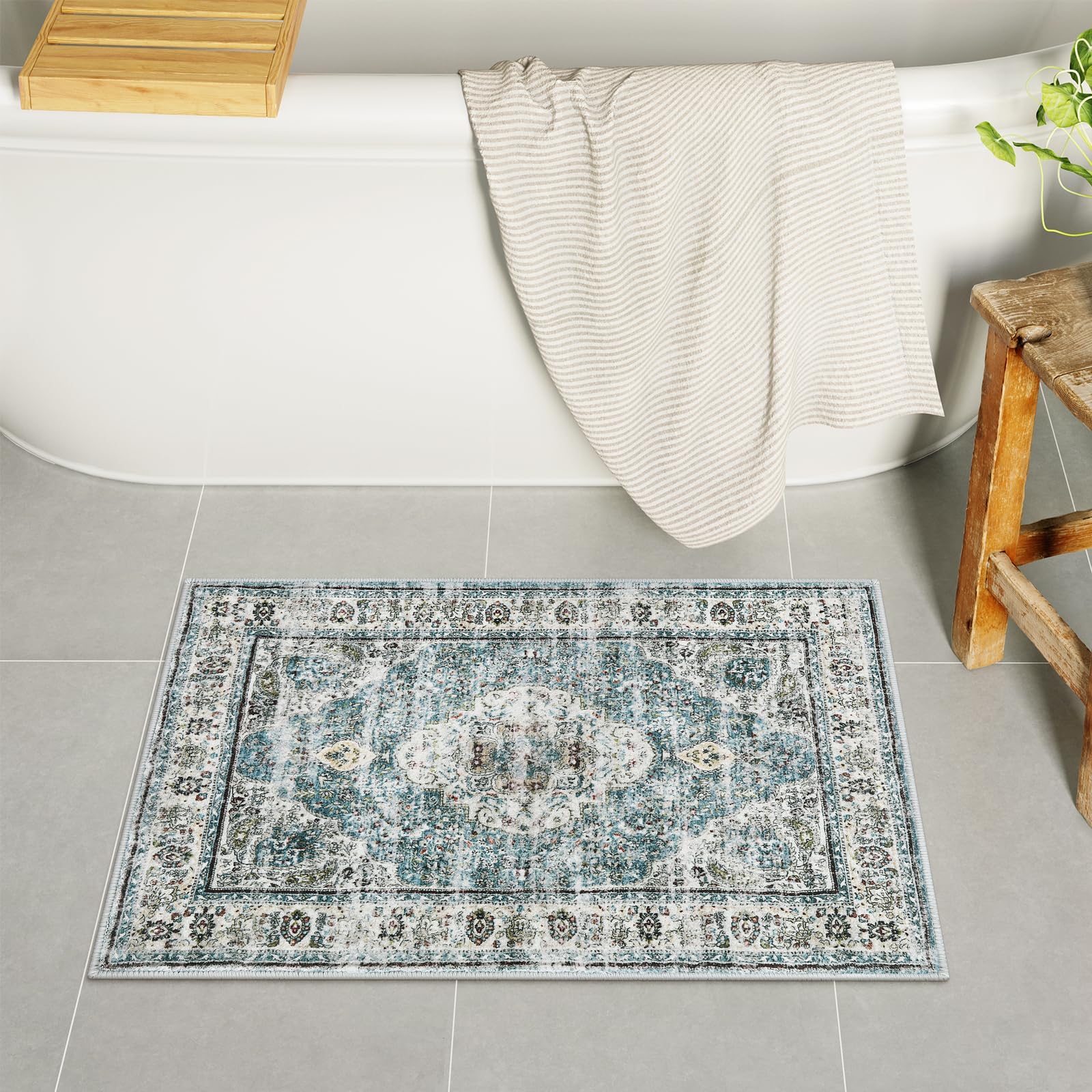 Photo 1 of Uphome Blue Bathroom Rugs, Distressed Farmhouse Boho Bath Mat, Comfy Velvet Small Bath Rugs Non Slip Washable, Vintage Oriental Toilet Rug for Sink Shower Vanity, 18x26 inch