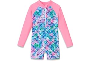 Dvenki Girls Long Sleeve Rash Guard One Piece Swimsuit - Mermaid Checker Face Zipper Front Toddler Bathing Suit 2T-10