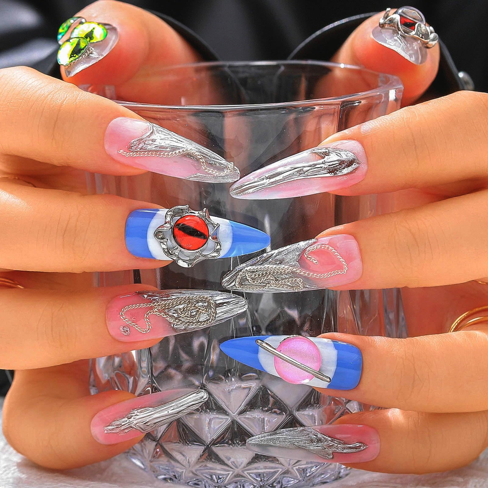 Sethexy Long Stiletto Handmade Press On Nails Acrylic Glitter False Nails Gothic Devil's Eye Fake Nail Salon Stick On Nails for Women and Girls 10PCS (01)