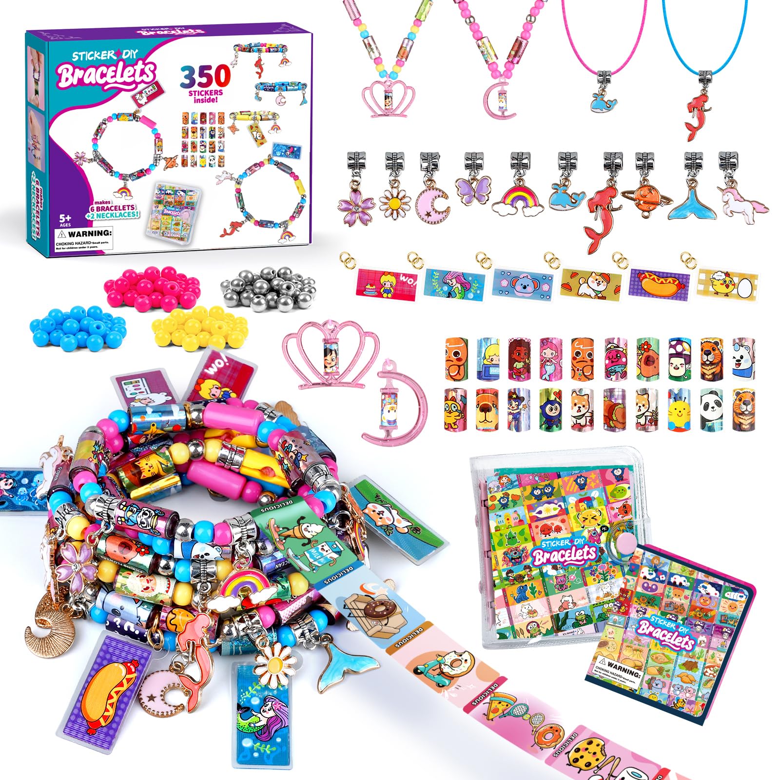 DIY Sticker Bracelet Maker, with 350pcs Mini Rolls Stickers, 12 Cute Pendants &Collect Book,Jewelry Necklace Making Kit,Fun Arts and Crafts for Kids 5-12, Birthday Party Gift,Toys for 5 Year Old Girls