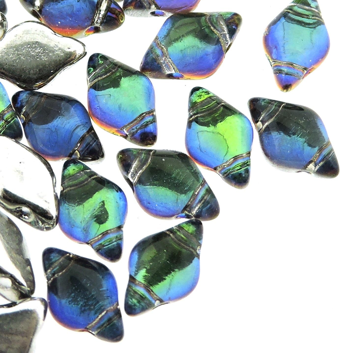 Czech Glass GemDuo Beads, 2-Hole Diamond Shaped Beads 5x8mm, 10 Grams, Backlit Petroleum