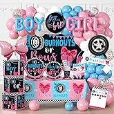 Cocomigo 287pcs Burnouts or Bows Gender Reveal Decorations, One-stop Baby Gender Reveal Decorations Include Burnouts or Bows Plates Backdrop Tablecloths Balloon and Stickers