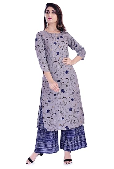Women's Plazo Kurti Suit With Rayon Straight Printed Kurti & Plazo (UE-51-GREY)