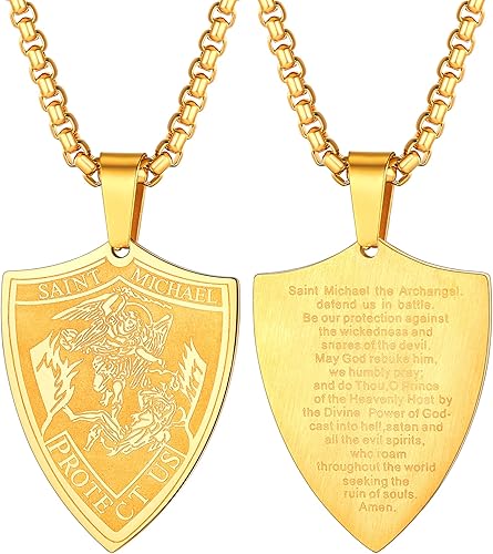 Amazon U7 大天使ミカエル 盾形 お守り 18金メッキ ネックレス ペンダントトップ メンズ ゴールド お洒落 シンプル かっこいい アクセサリー プレゼント男性 ネックレス 通販