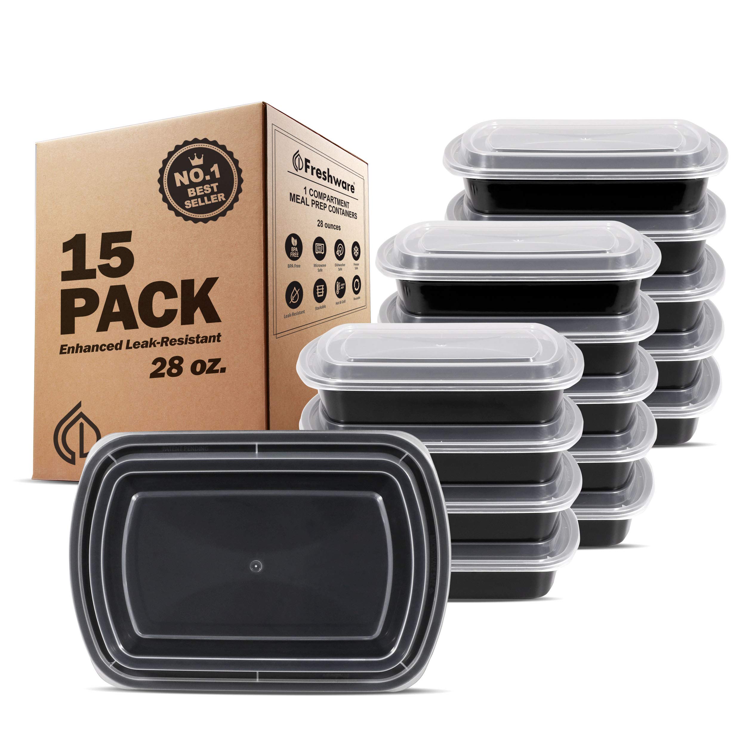 Freshware Meal Prep Containers [15 Pack] 1 Compartment Food Storage