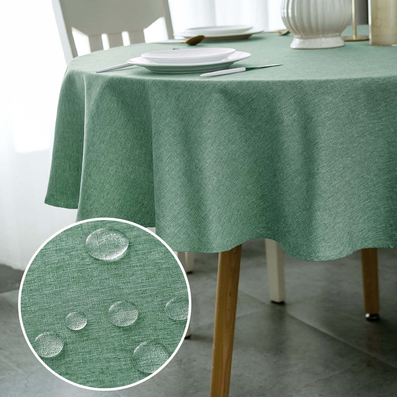 WELTRXE Round Table Cloth,120cm Diameter,Faux Linen Tablecloth,Water Resistant Spill Proof Wipeable Polyester Dining Table Cover for Cafe Restaurant Buffet Tabletop Decoration,Dark Green