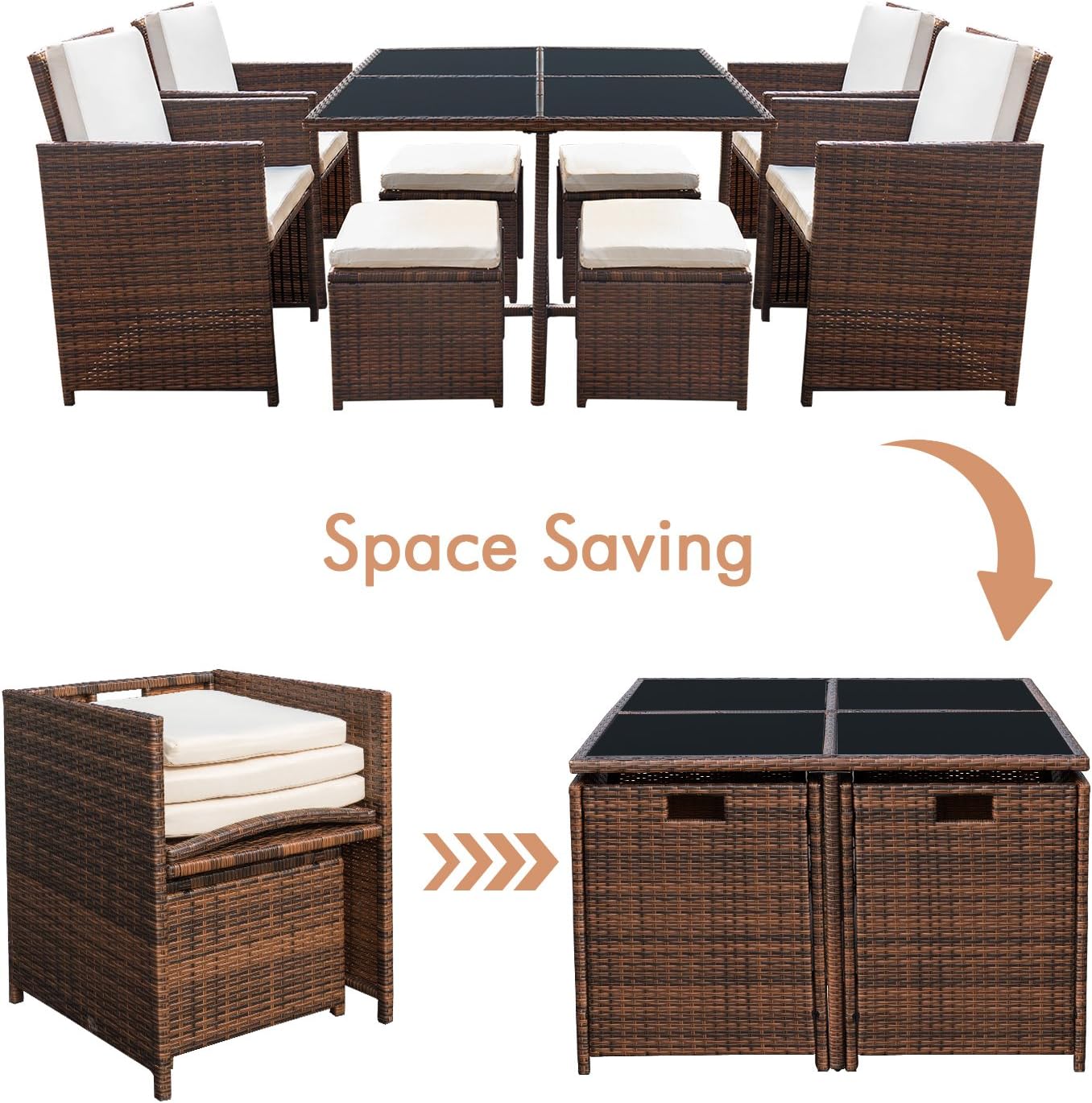 Devoko 9 Pieces Patio Dining Sets Outdoor Space Saving Rattan Chairs with Glass Table Patio Furniture Sets Cushioned Seating and Back Sectional Conversation Set (Beige): Garden & Outdoor