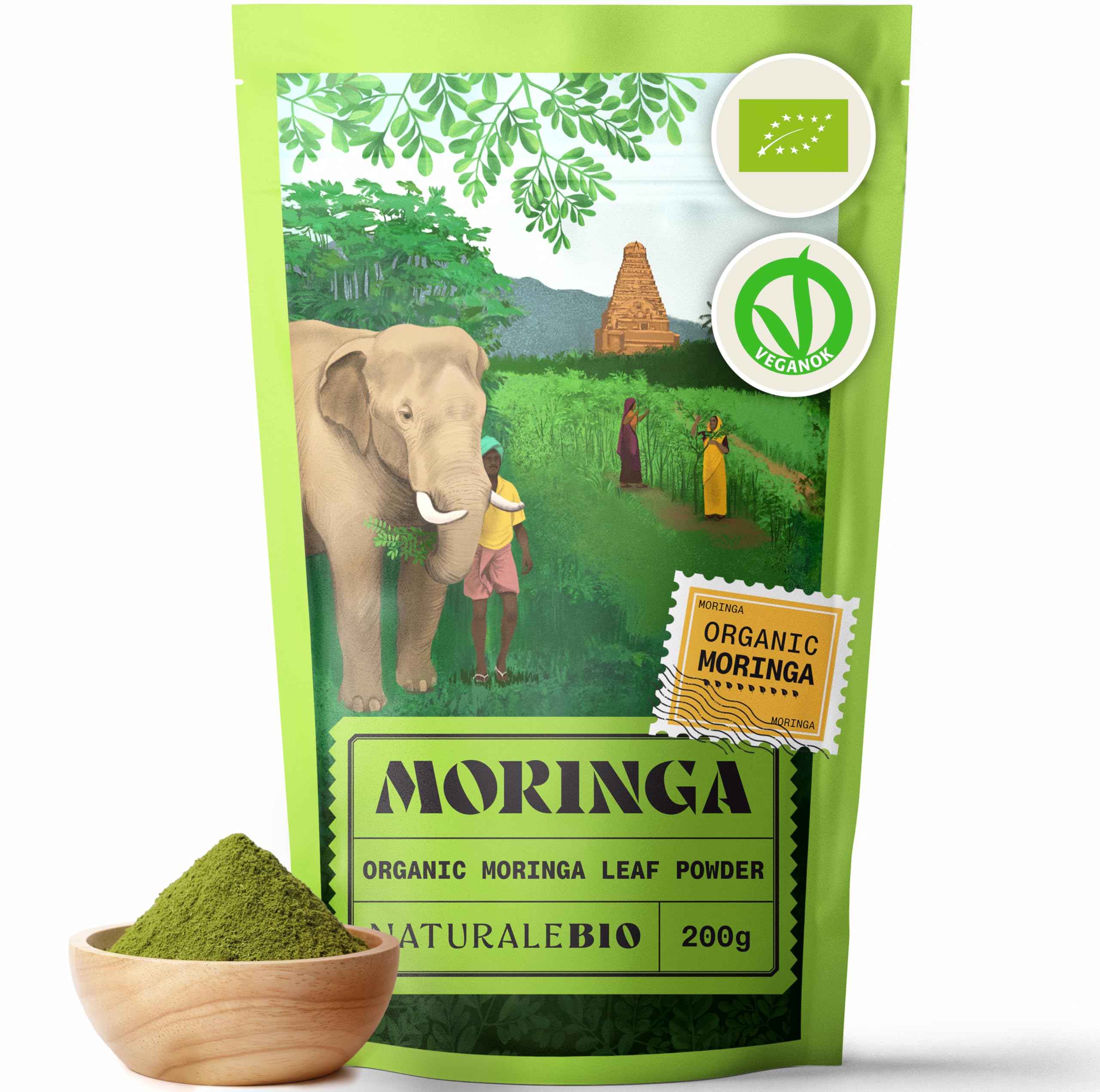 NaturaleBio Organic Moringa Powder - Premium Quality - 200g. Bio, Natural and Pure. Leaves Picked from The Moringa Oleifera Plant for Tiredness, Immune System, Muscle Function, Fatigue