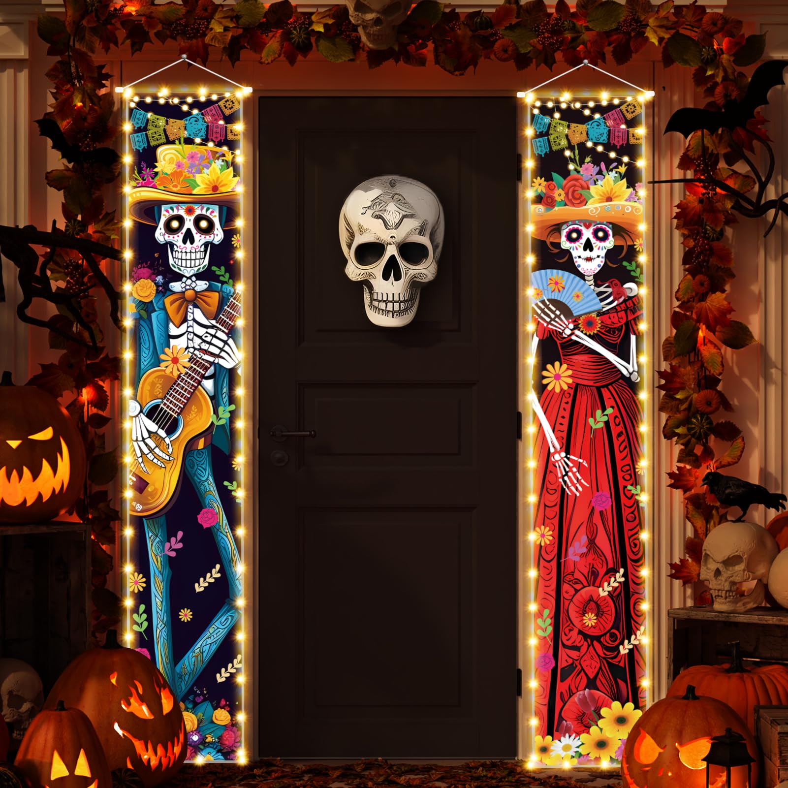 Photo 1 of Halloween Decorations Dia De Los Muertos Lighted Porch Sign Banners Halloween Decor Mexico Day of The Dead Porch Signs Banner Indoor Outdoor Wall Door Party Decor Decoration Ornaments