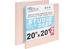 U.S. Art Supply 20" x 20" Unfinished Cradled Wood Panels for Painting, Studio 3/4" Deep (2 Pack) - Artist Depth Birch Wooden Wall Canvases - Mixed-Media Craft, Acrylic, Oil, Encaustic, Paint Pouring