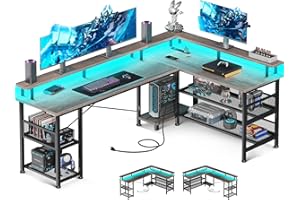 ODK 66 Inch L Shaped Gaming Desk with Power Outlet and LED Lights, Corner PC Gaming Table with Storage Shelves & Monitor Stan