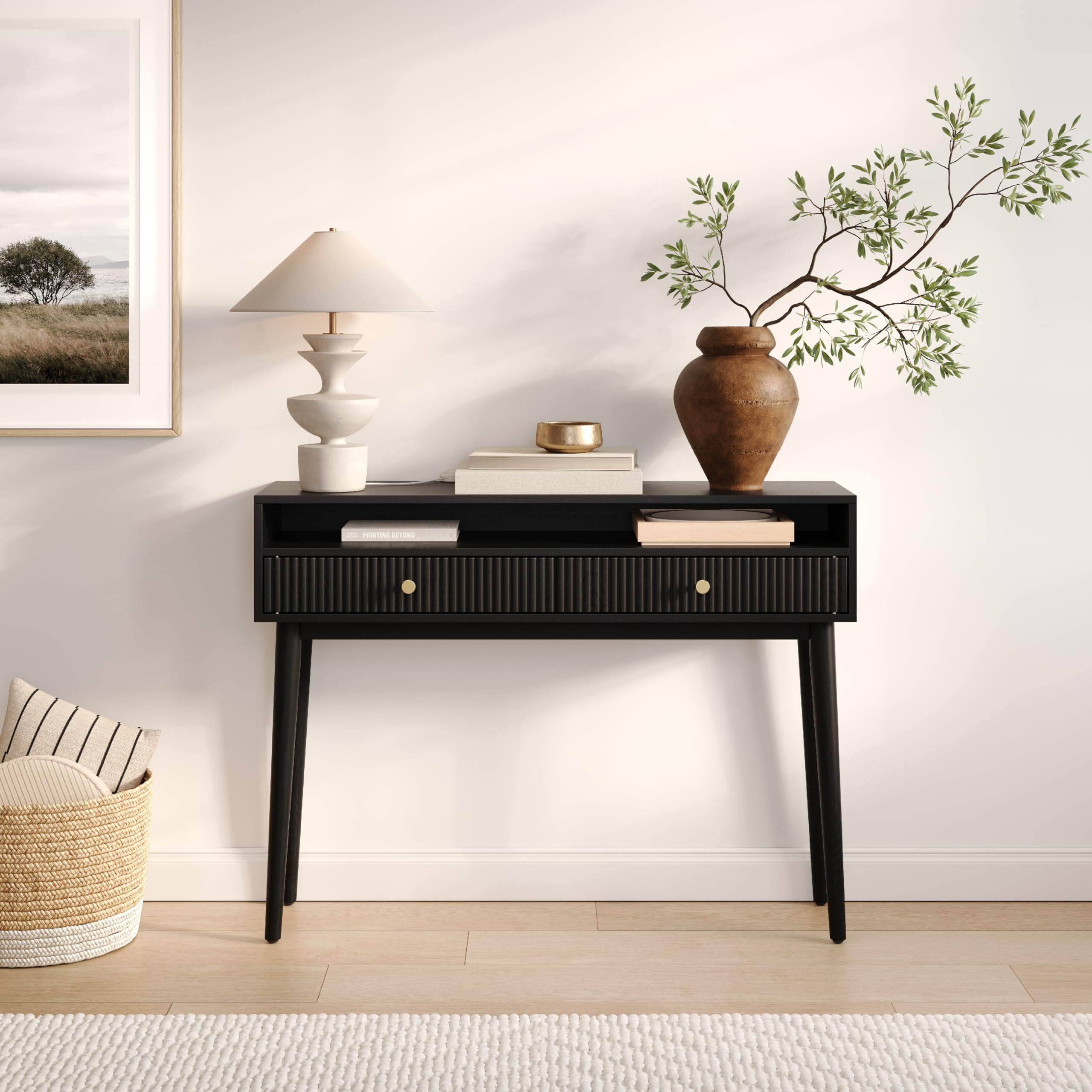 Photo 1 of Fluted Console Table with Swing Doors - Small Entry Table for Narrow Spaces - Living Room Furniture - Solid Wood Entryway Table with Brass Knobs (Black)