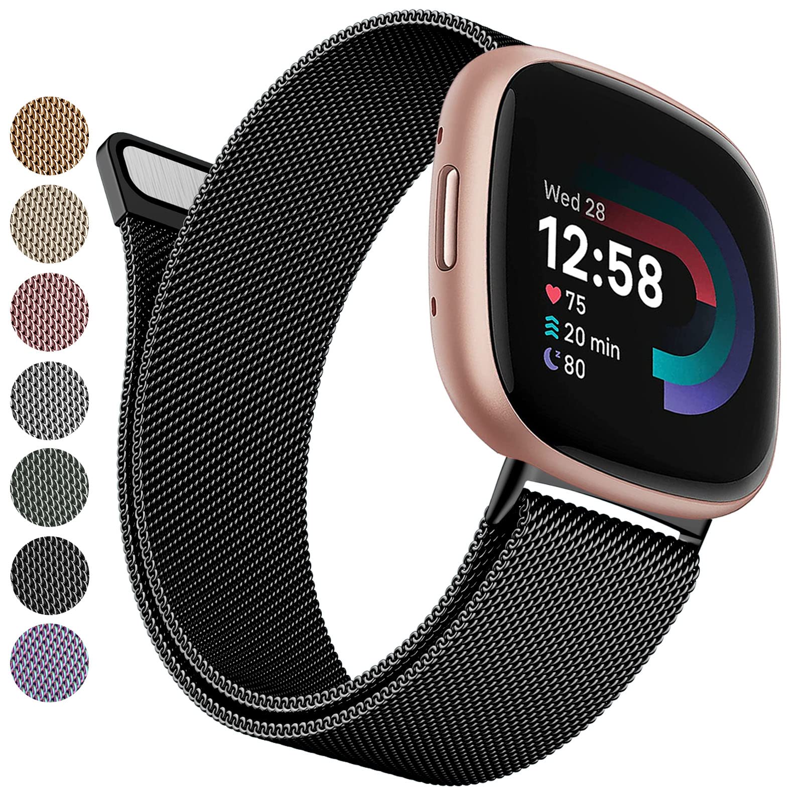 Strap compatible with Fitbit Versa 3 Straps/Versa 4 Strap/Fitbit Sense/Sense 2 Strap for Women Men, Breathable Stainless Steel Mesh Loop Adjustable Wristband Replacement Metal Strap (Black,Large)
