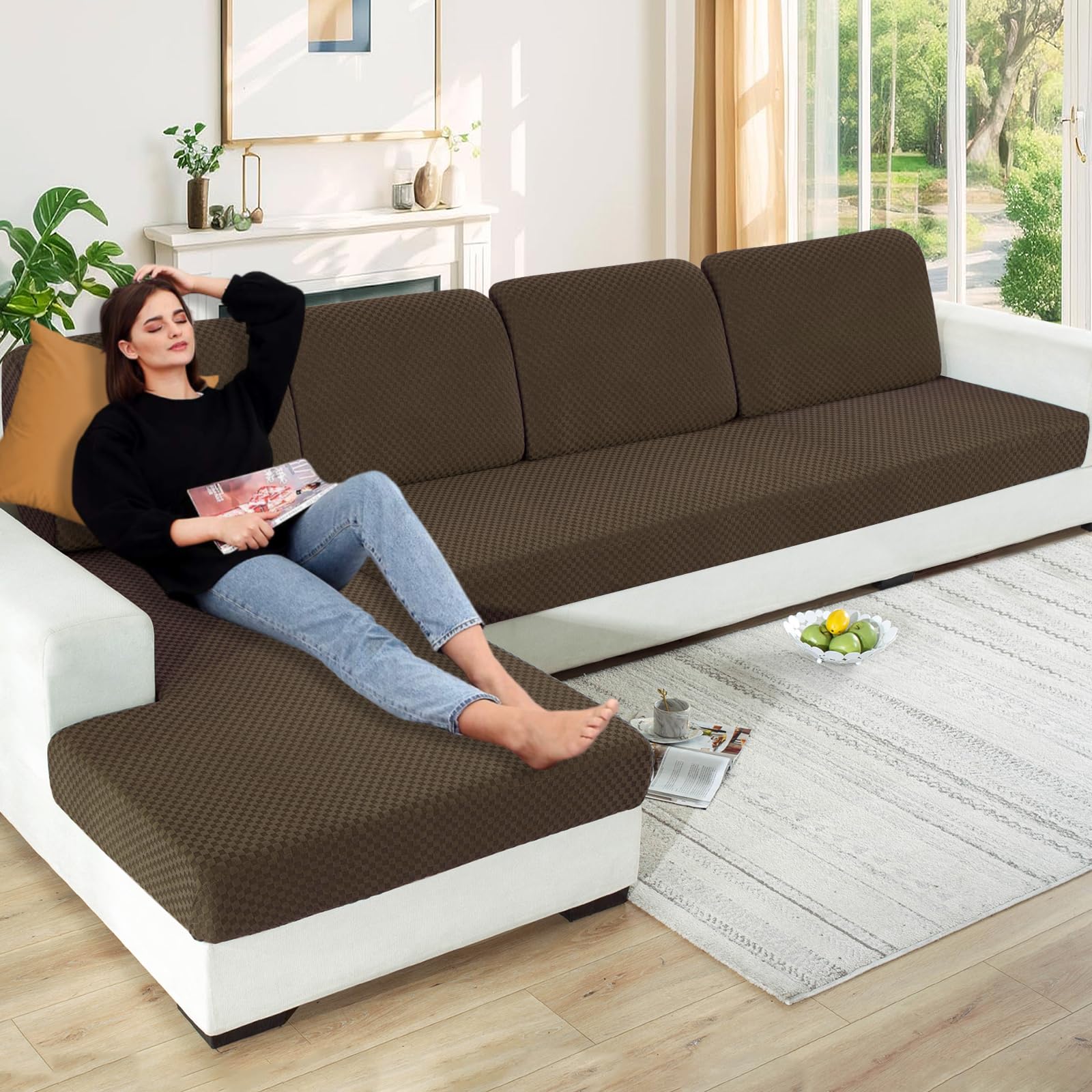 Photo 1 of ?Clearance? Stretch Cushion Covers Long Sofa Seat Cushion Slipcovers Soft Couch Cover Replacement Large Checkered Furniture Protector with Elastic Bottom (1 Pc 3-Seat Cushion Cover, Dark Coffee)
