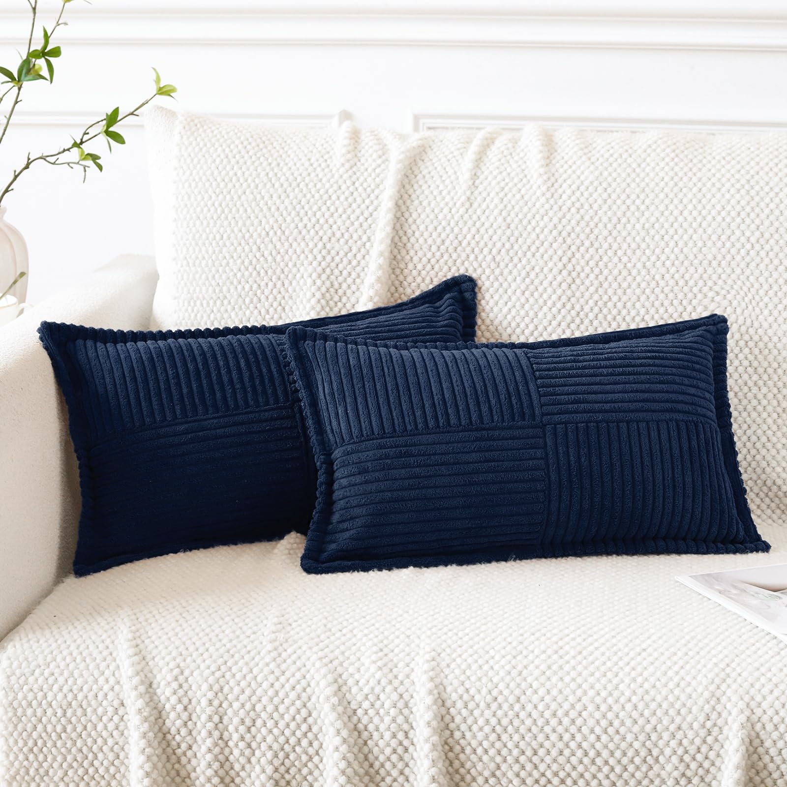 Artscope Corduroy Cushion Covers Pack of 2 Modern Patchwork Throw Pillow Covers Soft Pillowcase Broadside Decorative Textured Cushions for Home decor Sofa Bedroom Couch Navy Blue 30x50cm — image 1