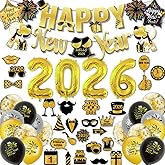 2026 Happy New Years Decorations Set New Years Eve Party Supplies 2026, Gold Numbers 2026 Balloons, New Year Photo Props and Happy New Year Glasses