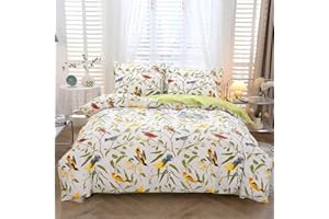 URBONUR Birds Duvet Cover Set Twin Size, 100% Cotton Cute Bird Comforter Fall Leaf Printed Bedding Set for Kids Children, Breathable Duvet Cover Sets Bedding 3 Pc