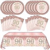 41PCS Women 90th Birthday Party Decorations Supplies Rose Gold Ninety Year Old Birthday Disposable Tableware Include Plates Napkins Tablecloth For Women Serves 20