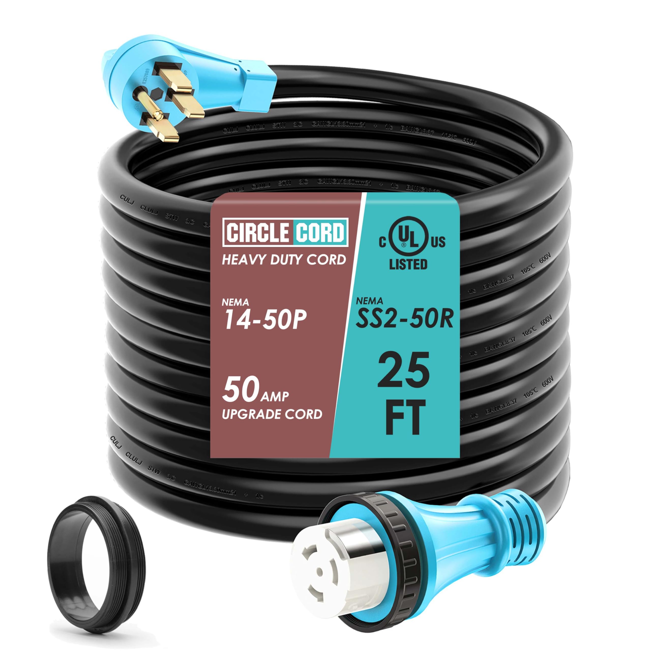 Photo 1 of CircleCord UL Listed 50 Amp 25 Feet RV/Generator Cord with Locking Connector, Heavy Duty 6/3+8/1 Gauge STW Wire, 14-50P Male and SS2-50R Twist Locking Female for RV Camper and Generator to House