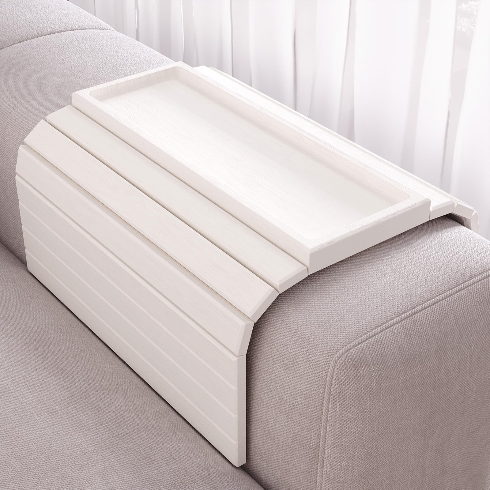 Danfoxer Sofa Arm Tray,Bamboo Folding Couch Arm Tray,Sofa Armrest Trays with Anti-Slip Pad for Drinks,Snacks,Phone,Remote Control（White）