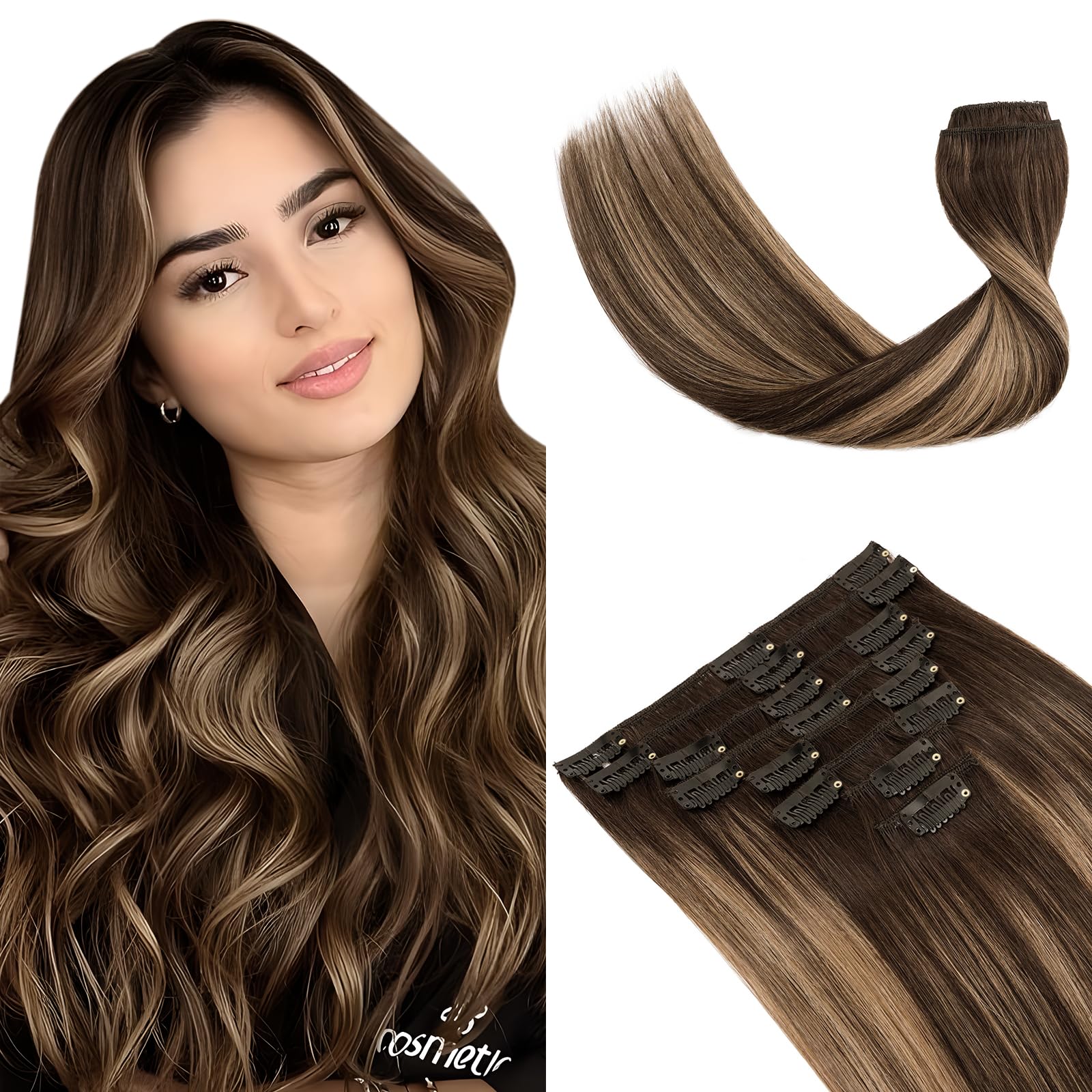 Elailite Clip in Hair Extensions Real Human Hair - 8 Pieces Thin Weft Full Head Balayage Remy Hair Straight - #Ombre 2/2P6 Dark Brown/Dark Brown Mix Light Brown - 10 Inch (50 g) — image 1