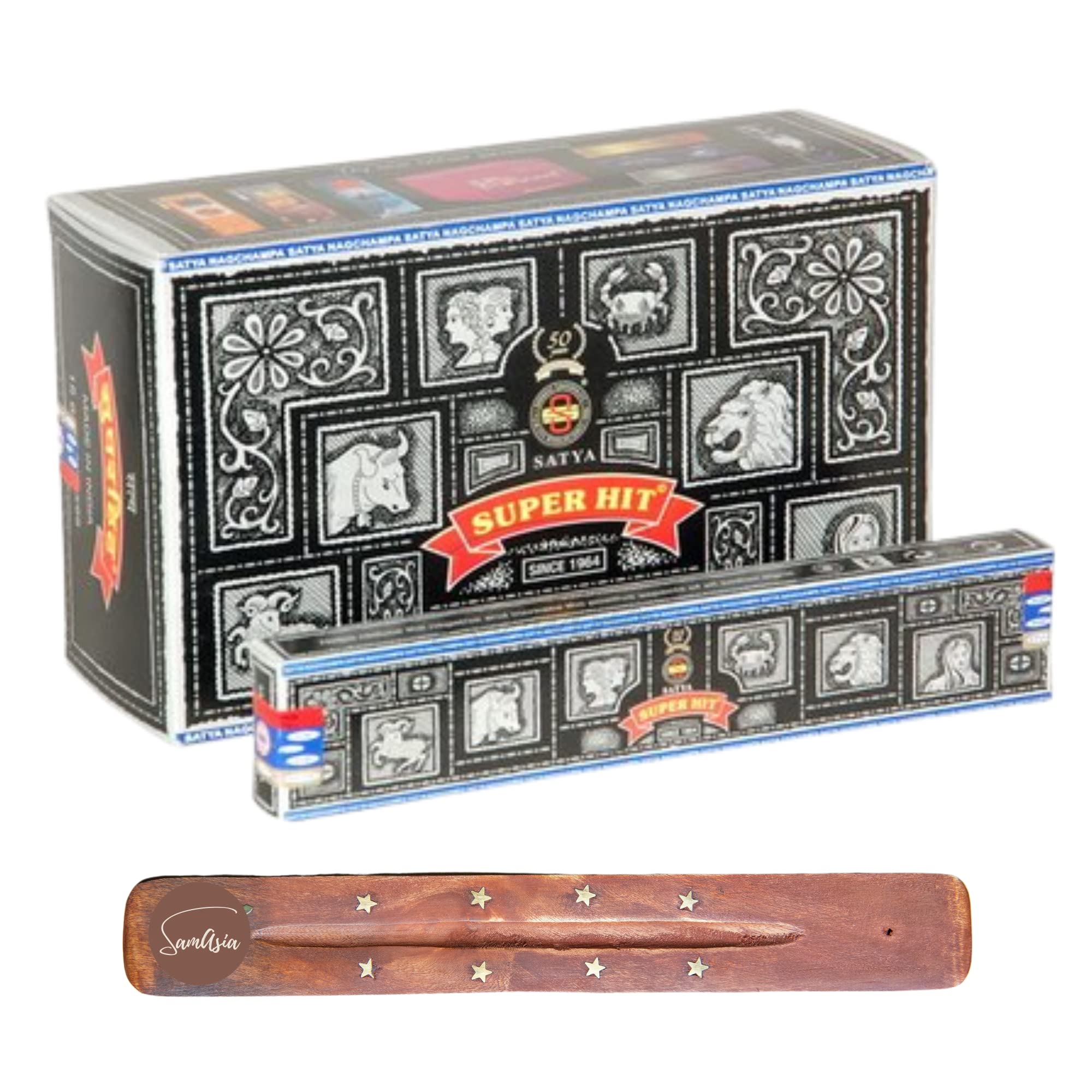 Satya Nag Champa Super Hit Incense Sticks | x12 pack | with SAMASIA incense sticks holder | Used for Suomatherapy, Spa, Yoga, Weddings, Meditation, Healing, Positivity and Relaxation