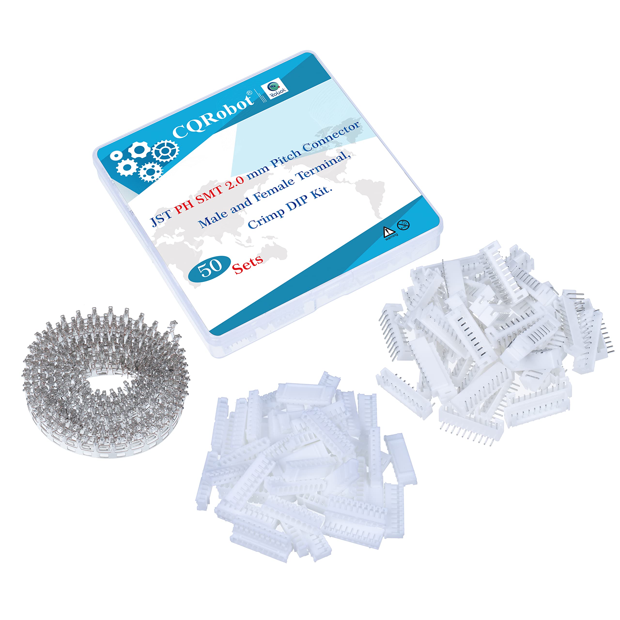 CQRobot JST PH SMD 2.0 mm Pitch 10-Pin Electronic Computer Connector IC Male Plugs, Female Sockets Housing and T-Shaped Crimp Terminal Kit.. 50 Sets/600 Pieces Wire-to-Board Adapter Cable Assembly.