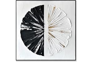 Sofoney - Black Framed Black and White Abstract Wall Art Large Hand Painted Geometric Circle Oil Painting with Heavy Texture and Gold Foil, Modern Canvas Wall Decor for Living Room Bedroom - 30"x30"