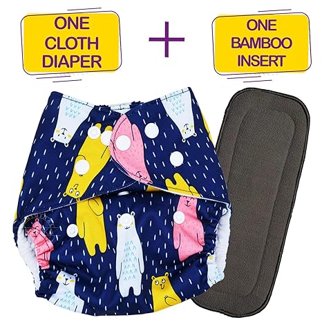 Bembika Washable Reusable Cloth Diaper Adjustable with 5 Layer Bamboo Charcoal Insert (Funny Bear)