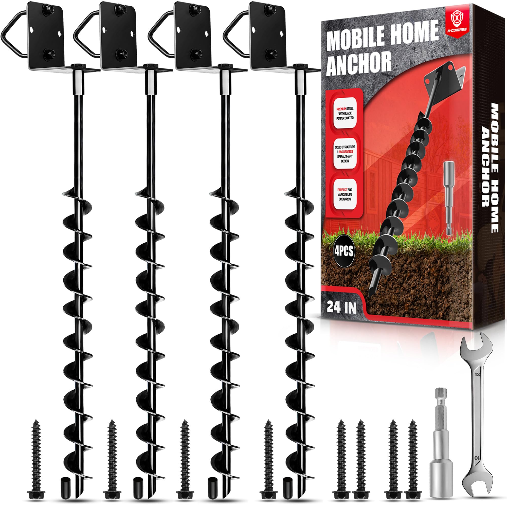 Photo 1 of [Premium] 24" Full Spiral Blade Mobile Home Anchor, 4 Pack Ground Anchor Screw in with L-shaped Brackets, U-bolts, Power Nut Driver,Earth Anchors High Wind Heavy Duty for Camping Tents,Swing Sets