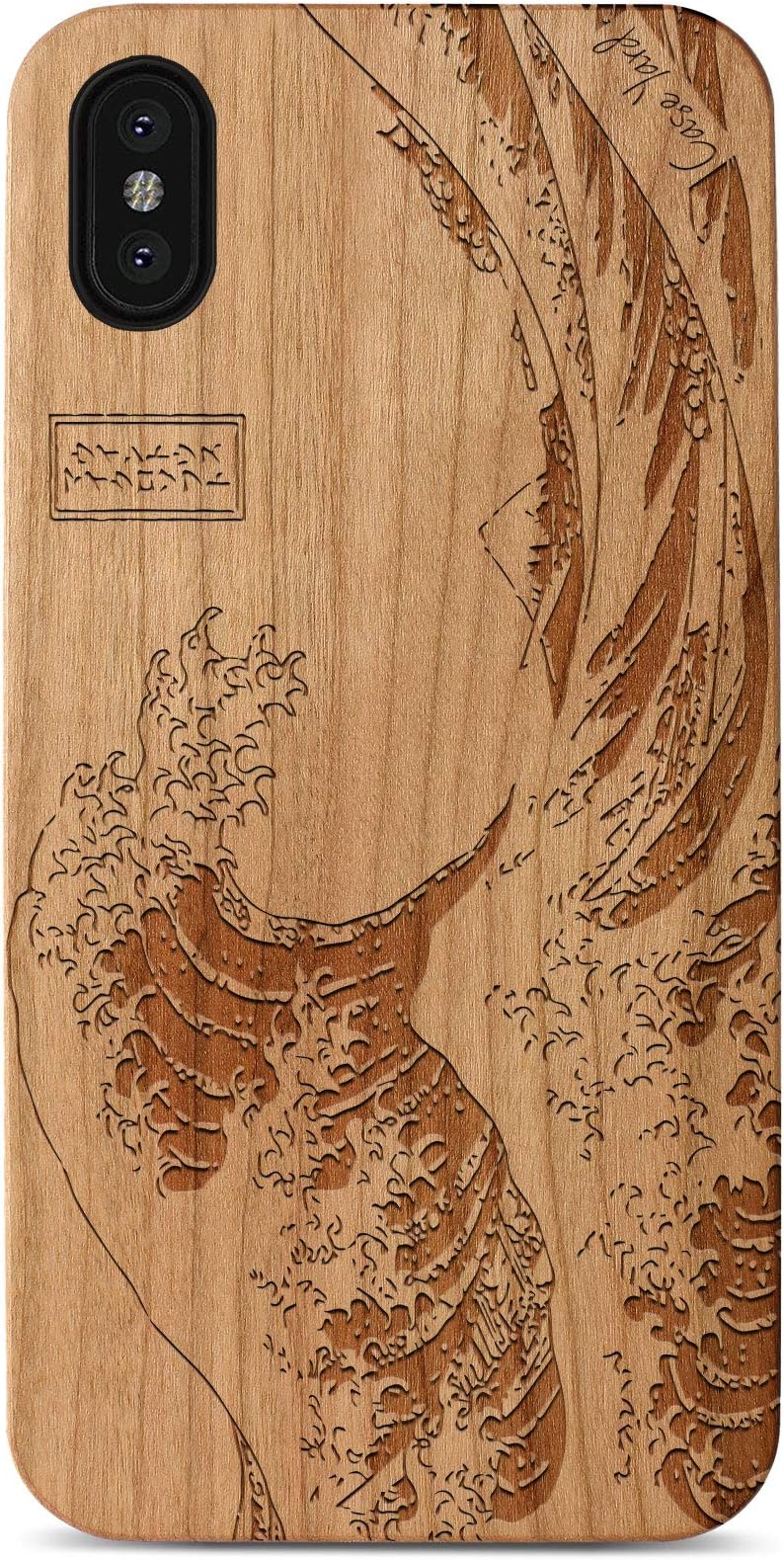 CaseYardWood Phone case for iPhone 11 Pro Max Laser Engraved Great Wave Design Cherry Wood Compatible iPhone case Protective Shockproof Slim fit Cell Phone Cover for Men & Women