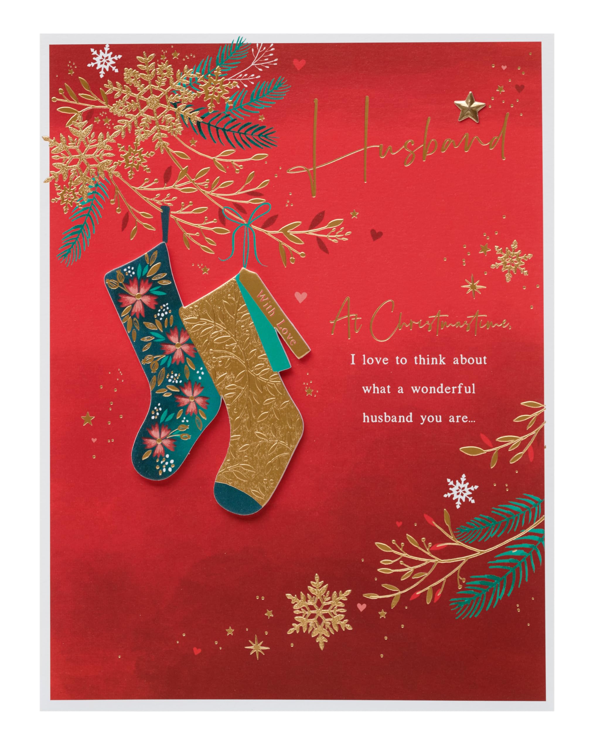 UK Greetings Christmas Card for Husband - Deep Red & Gold Design