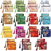 ZOOFOX 30 Pieces Silk Jewelry Pouch, Brocade Embroidered Coin Purse with Zipper and Tassel, Small Gift Bags for Small for Jewelry Wedding Party Favor Chinese New Year Goodie Candy Bags