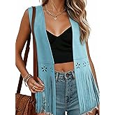 Dokotoo Womens Fringe Vest Cowgirl Western Outfits 70s Hippie Costume Sleeveless Hollow Out Faux Suede Tassel Outerwear
