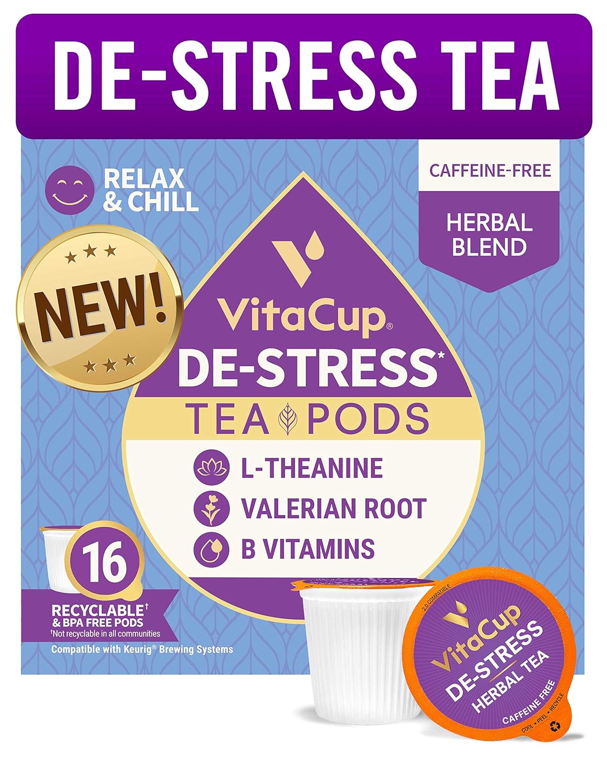 VitaCup DeStress Herbal Tea Pods 16 Ct | Relax & Chill | L-Theanine, Valerian Root & Vitamins B1, B5, B6, B9, B12 | Compatible with K-Cup Single Serve Brewers Including Keurig 2.0