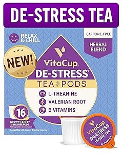 VitaCup DeStress Herbal Tea Pods 16 Ct | Relax & Chill | L-Theanine, Valerian Root & Vitamins B1, B5, B6, B9, B12 | Compatible with K-Cup Single Serve Brewers Including Keurig 2.0
