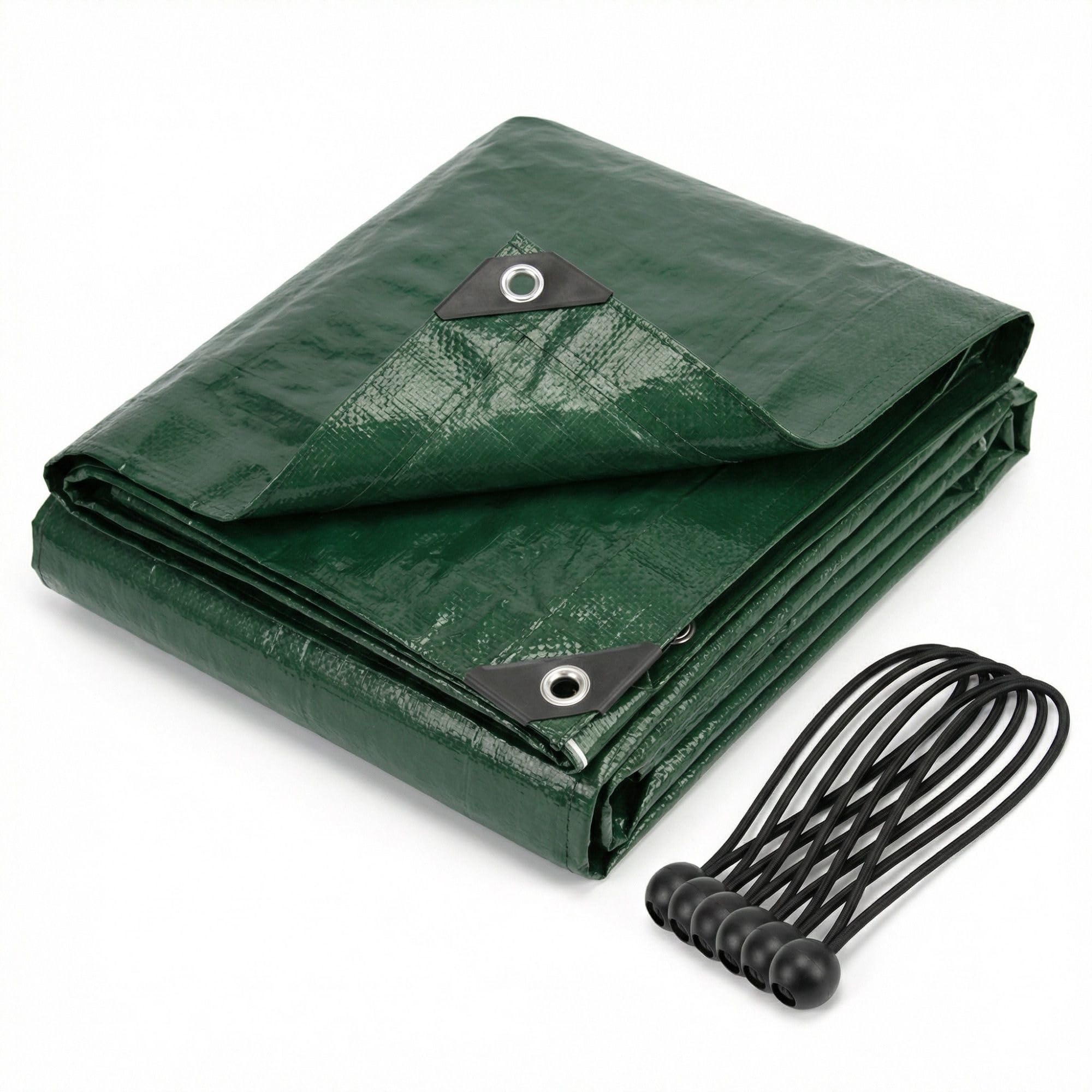 CoverUp! Green 4 x 6 m Fabric Tarpaulin, 200 g/m², UV Protection, Reinforced Rubber Corners, Rustproof Eyelets, Includes 15 Bungee Cords