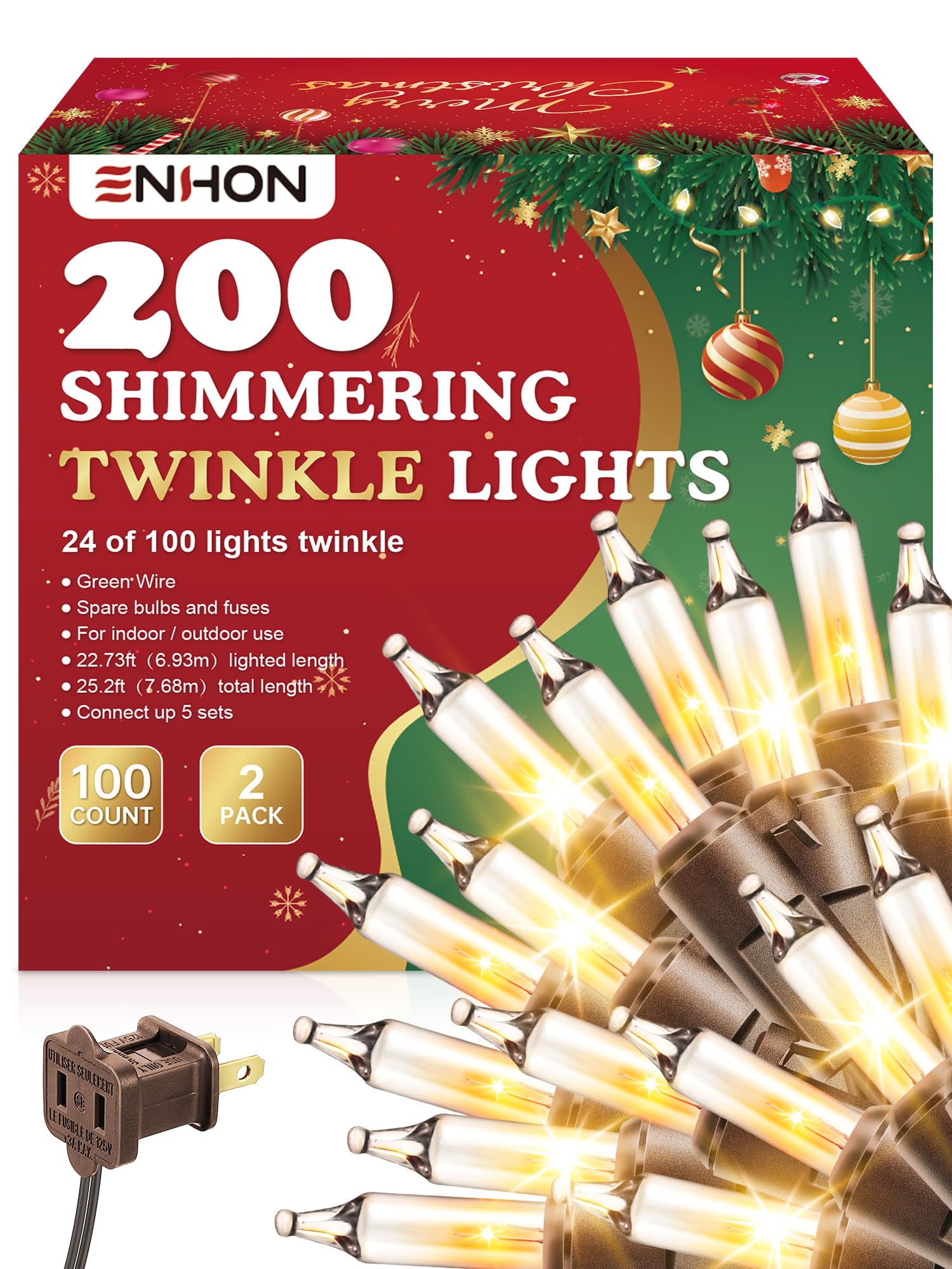Photo 1 of Enhon 2 Pack Twinkle Christmas Lights, Total 50.4FT 48 of 200 Bulbs Twinkle, Waterproof Connectable Random Shimmering Christmas Light, Connect up to 5 Set for Xmas Tree Decor(Warm White, Brown Wire)